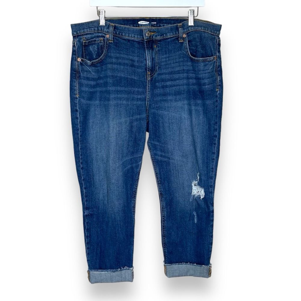 Old Navy Boyfriend Straight Cuffed Distressed Cropped Blue Denim Jeans Women 14